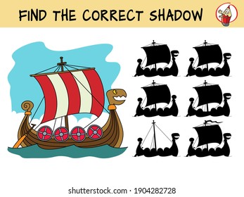 Viking ship. Find the correct shadow. Educational matching game for children. Cartoon vector illustration