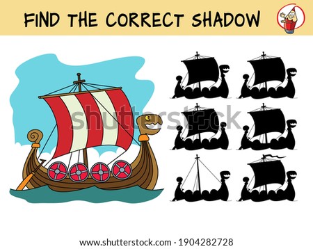 Viking ship. Find the correct shadow. Educational matching game for children. Cartoon vector illustration