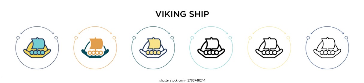 Viking ship icon in filled, thin line, outline and stroke style. Vector illustration of two colored and black viking ship vector icons designs can be used for mobile, ui, web