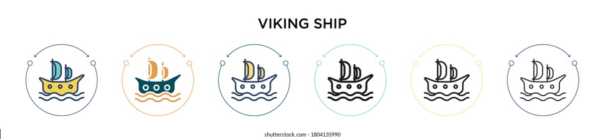 Viking ship icon in filled, thin line, outline and stroke style. Vector illustration of two colored and black viking ship vector icons designs can be used for mobile, ui, web