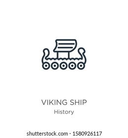 Viking ship icon. Thin linear viking ship outline icon isolated on white background from history collection. Line vector sign, symbol for web and mobile