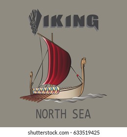 Viking ship. North sea. Emblem. Design for textiles, printing on fabric and paper.