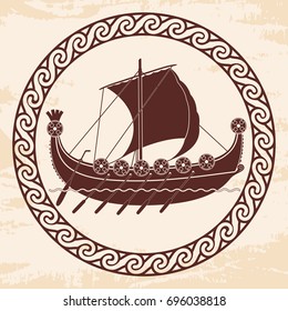 Viking ship with oars and shields on sea waves. Vector Image.