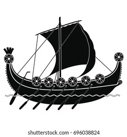 Viking ship with oars and shields on sea waves. Vector Image.