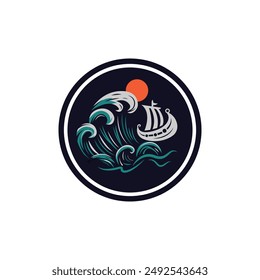 Viking ship and ocean wave graphic design