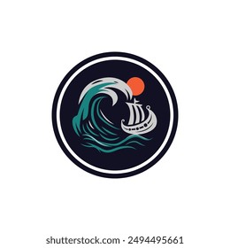 Viking ship and ocean wave graphic isolated