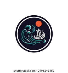 Viking ship and ocean wave graphic vector