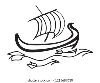 Viking ship on the blue waves. Ship at sea with striped sail