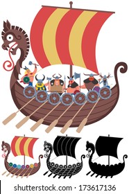 Viking Ship on White: Cartoon Viking ship in 4 versions. No transparency and gradients used. 