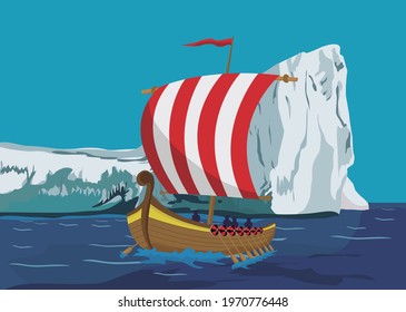 VIKING SHIP SAILING NEAR ICEBERG