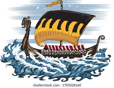 Viking ship sailing in wavy sea