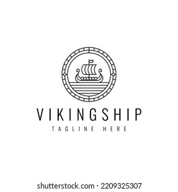 Viking ship Scandinavian line art emblem badge vector logo design