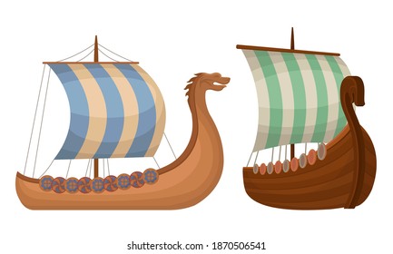 Viking Ship or Scandinavian Marine Vessels with Dragon Head Vector Set