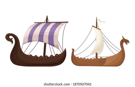 Viking Ship or Scandinavian Marine Vessels with Dragon Head Vector Set