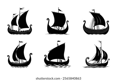 Viking Ship Silhouette Vector Set, Viking Boat Black Clipart Bundle