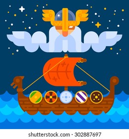 Viking ship under Odin's control. Vector flat illustration, no transparencies.