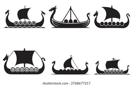 Viking ship vector icon set sailing ancient longboat on white background