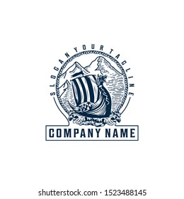 viking ship vintage vector logo design template