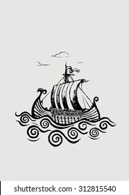 Viking ship.Pencil drawing illustration