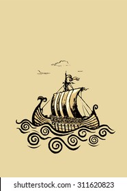 Viking ship.Pencil drawing illustration.horizontal banner design