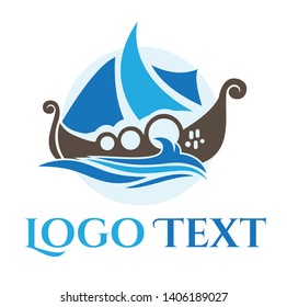 Viking ships with blue shades and water flowing icon logo vector. Adventure, travel, nordic, viking based logo.