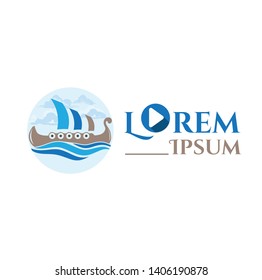 Viking ships with blue shades and water flowing and sky icon logo vector. Also have a circular play button icon in logo text. Adventure, travel, nordic, viking based logo.