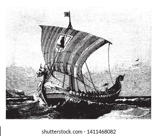 Viking Ships were marine vessels of unique design built by the Vikings during the Viking Age, vintage line drawing or engraving illustration.