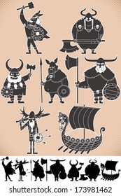 Viking Silhouettes: Set of cartoon Viking silhouettes, each in 2 versions. No transparency and gradients used. 