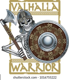 viking skeleton with helmet, axe and shield