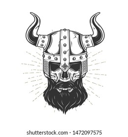 Viking skull with beard and helmet isolated on white.Vector illustration.