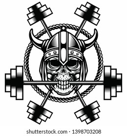 Viking skull Bite Gym Dumble Vector in black and white