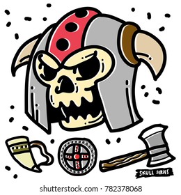 Viking skull cartoon doodle.