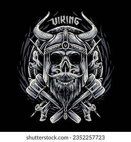 viking skull with cross bones and hammers badge illustration