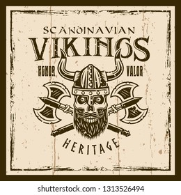 Viking skull and crossed axes vector brown emblem, label, badge or t shirt print on background with grunge textures