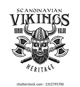 Viking skull and crossed axes vector emblem, label, badge, logo or t-shirt print in monochrome style isolated on white background