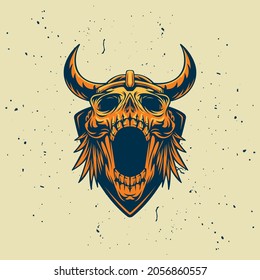 Viking skull head emblem mascot, this cool and spooky image is suitable for t-shirts, posters and merchandise design elements, also suitable as an e-sports team logo