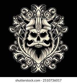 Viking Skull Head Illustration With Ornament Frame Background Detailed Illustration