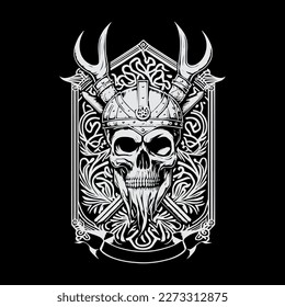 Viking Skull Head Logo hand drawn Illustration Warrior Mark 