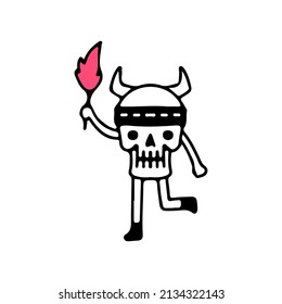 Viking skull holding torch, illustration for t-shirt, street wear, sticker, or apparel merchandise. With doodle, retro, and cartoon style.