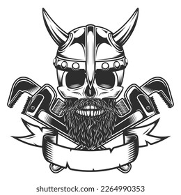 Viking skull in horned helmet with mustache and beard with construction wrench for gas and builder plumbing pipe or body shop mechanic spanner repair tool in monochrome style vintage illustration
