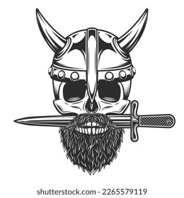 Viking skull in horned helmet with mustache and beard and crossed knife dagger isolated on white background monochrome illustration