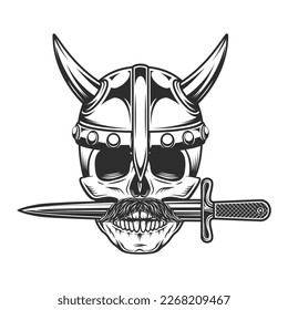 Viking skull in horned helmet with mustache and crossed knife dagger isolated on white background monochrome illustration