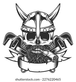 Viking skull in horned helmet with mustache and beard with construction wrench for gas and builder plumbing pipe or body shop mechanic spanner repair tool vintage vector illustration
