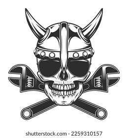 Viking skull in horned helmet and sunglasses accessory to protect eyes from bright sun with construction plumbing wrench spanner tools vintage isolated vector illustration