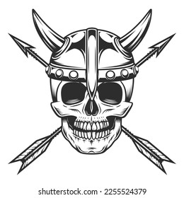 Viking skull with horned helmet and vintage hunting arrow in monochrome style isolated vector illustration. Design element for label or sign and emblem
