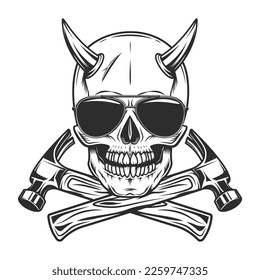 Viking skull with horns with construction hammer tools and sunglasses accessory to protect eyes from bright sun vintage isolated vector illustration