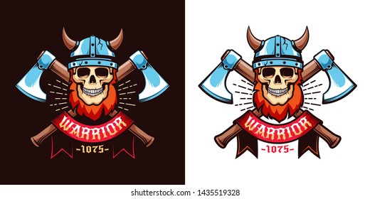 Viking skull logo template - a warrior in a horned helmet with crossed axes and a heraldic ribbon. Vector color illustration in retro style.