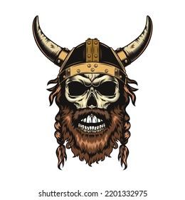 Viking Skull. Medieval Warrior Head In Horns Helmet. Vector Illustrations For Role Play, Demon Or Evil Concept, Tattoo Template