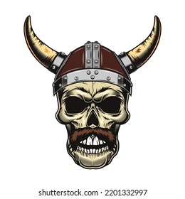 Viking Skull. Medieval Warrior Head In Horns Helmet. Vector Illustrations For Role Play, Demon Or Evil Concept