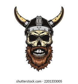 Viking skull. Medieval warrior head in horns helmet. Vector illustrations for role play